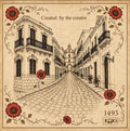 Viejo San Juan scarf by Kokii Style – vintage Old San Juan street illustration with red flowers on beige