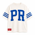 Men's PR Varsity Stripe Tee by Kokii Style – white oversized Puerto Rico shirt with blue PR letters and blue striped sleeves, front view