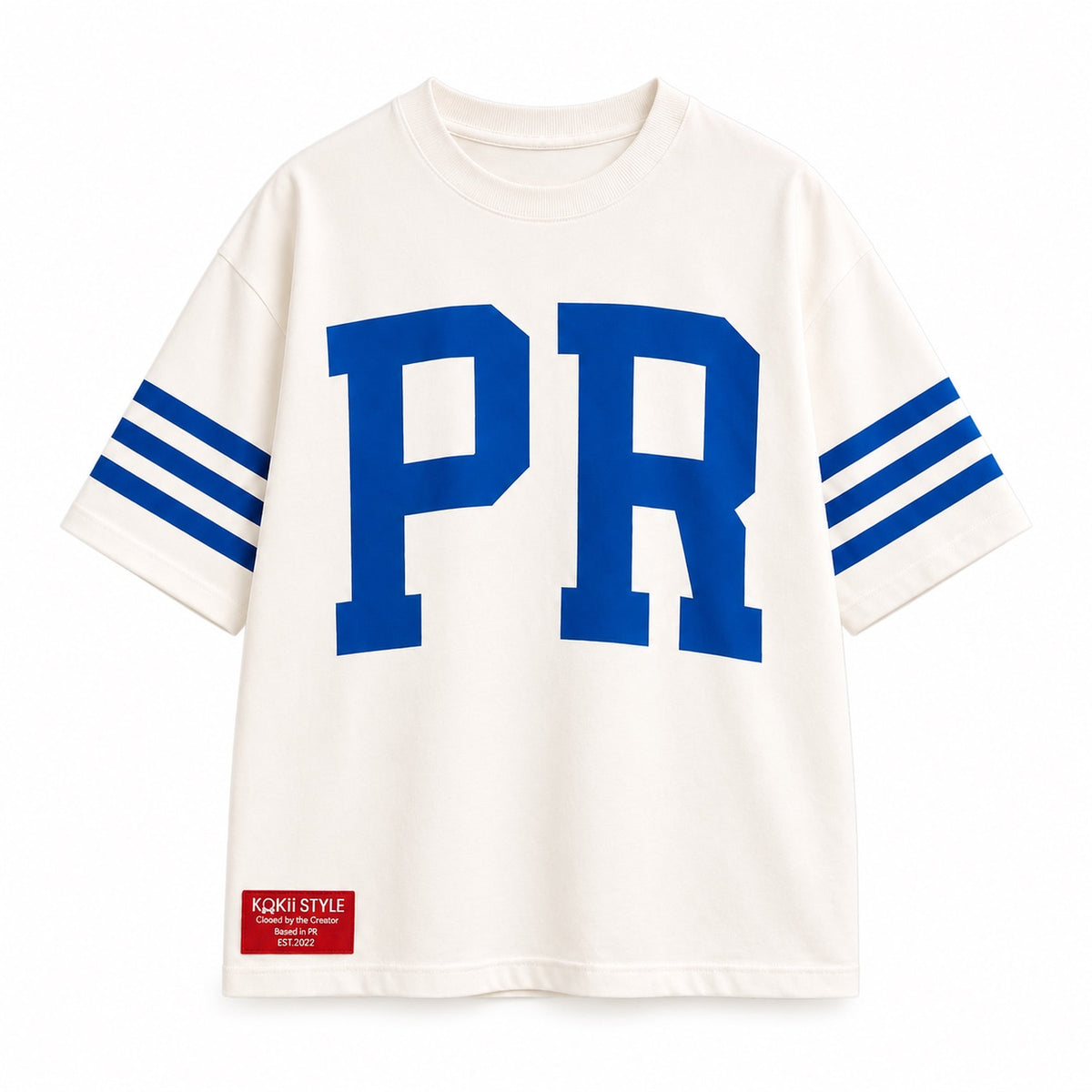 Men's PR Varsity Stripe Tee by Kokii Style – white oversized Puerto Rico shirt with blue PR letters and blue striped sleeves, front view