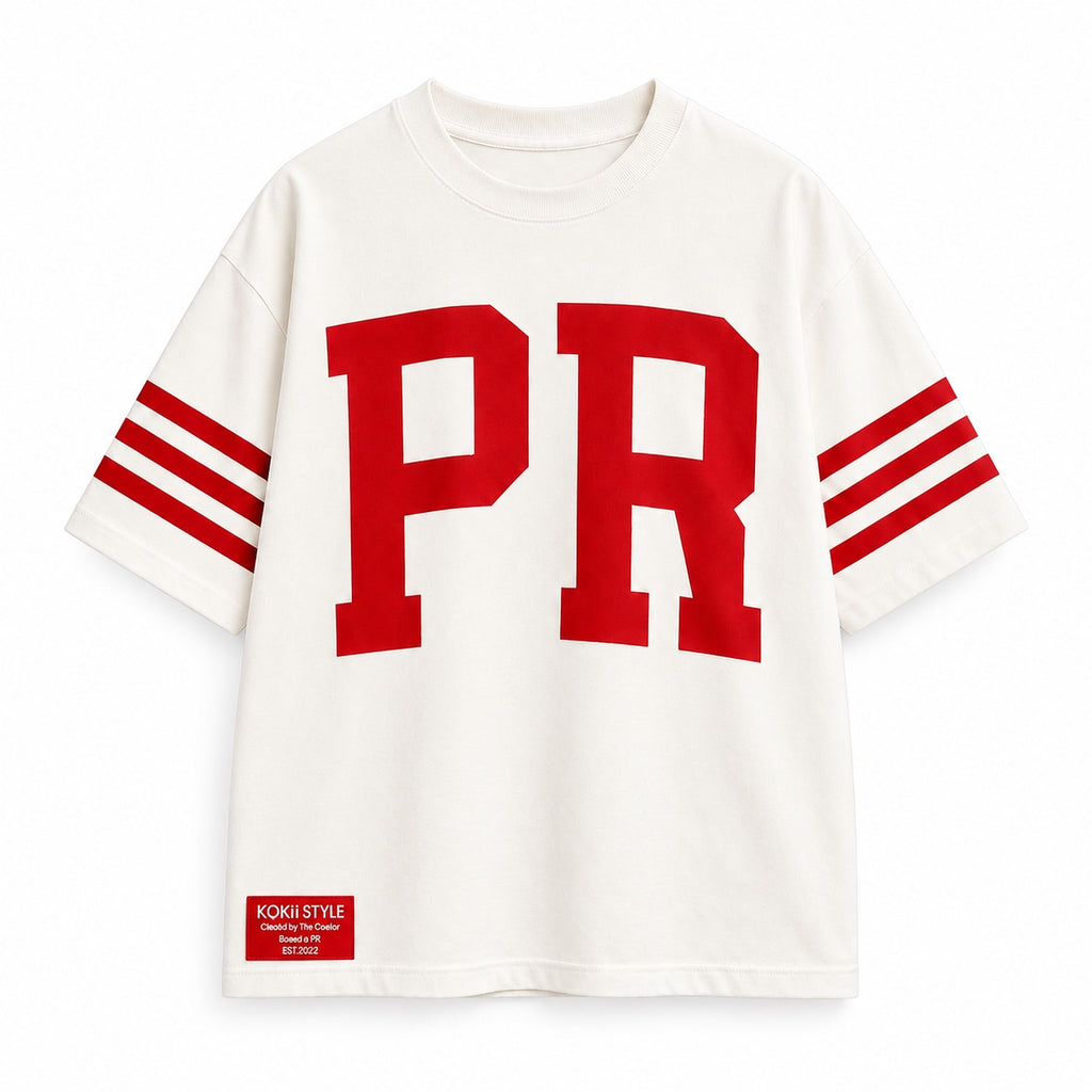 Men's PR Varsity Stripe Tee by Kokii Style – white oversized Puerto Rico shirt with red PR letters and red striped sleeves, front view