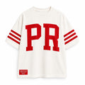 Men's PR Varsity Stripe Tee by Kokii Style – white oversized Puerto Rico shirt with red PR letters and red striped sleeves, front view