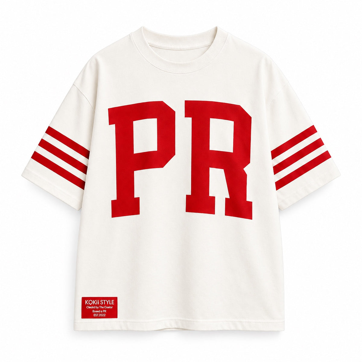 Men's PR Varsity Stripe Tee by Kokii Style – white oversized Puerto Rico shirt with red PR letters and red striped sleeves, front view