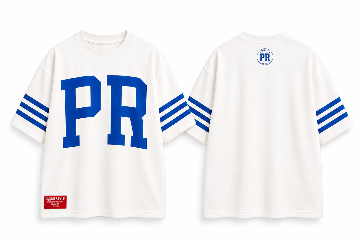 White and blue Men's PR Varsity Stripe Tee by Kokii Style – front with PR letters and back with small circular PR logo