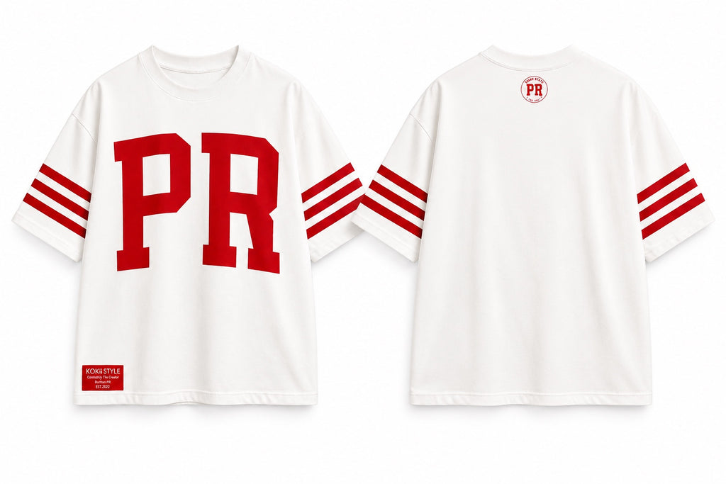 White and red Men's PR Varsity Stripe Tee by Kokii Style – front with PR letters and back with small circular PR logo