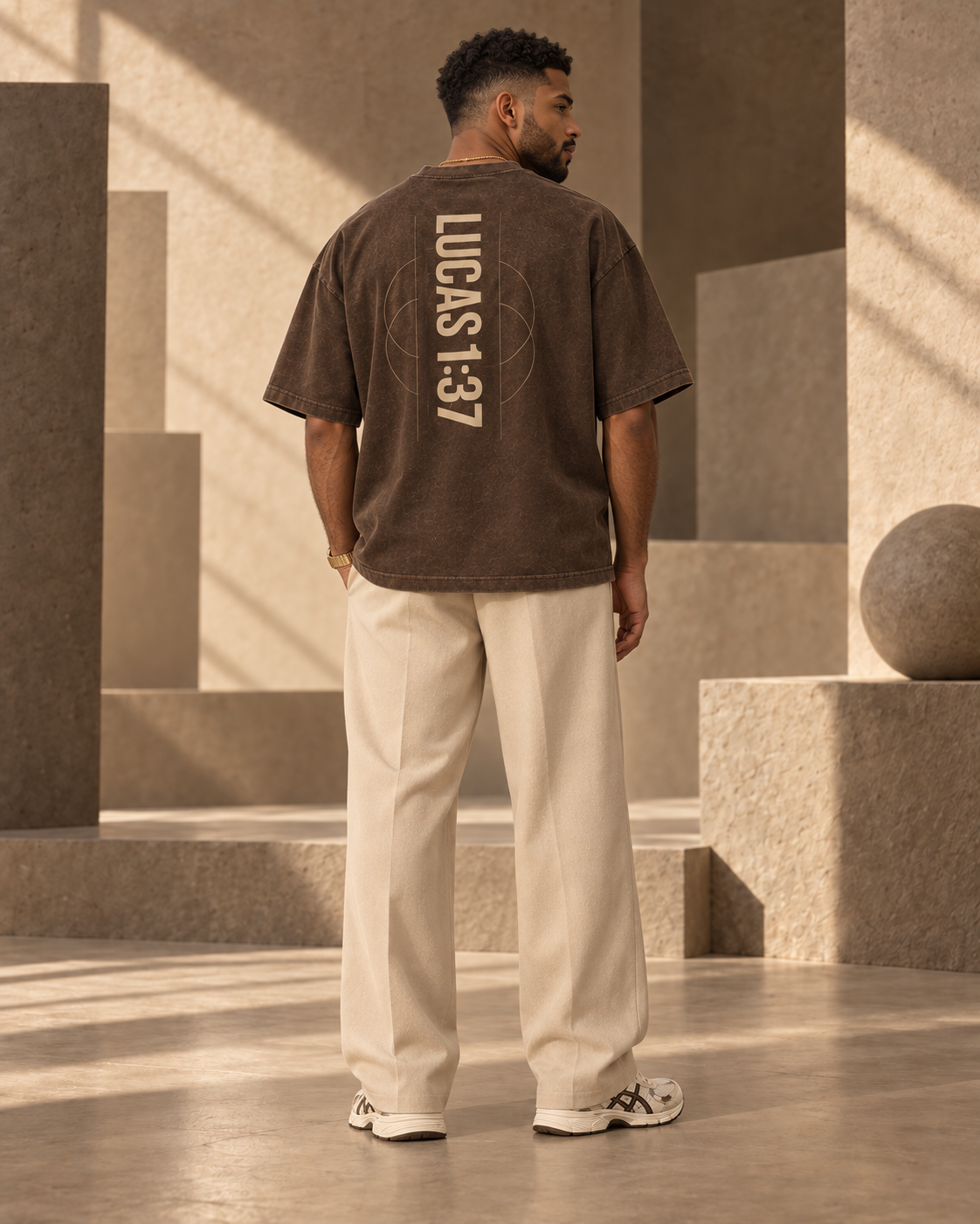 Man wearing the Kokii Style Lucas 1:37 oversized crop tee in washed brown – back view showing the vertical LUCAS 1:37 Bible verse print
