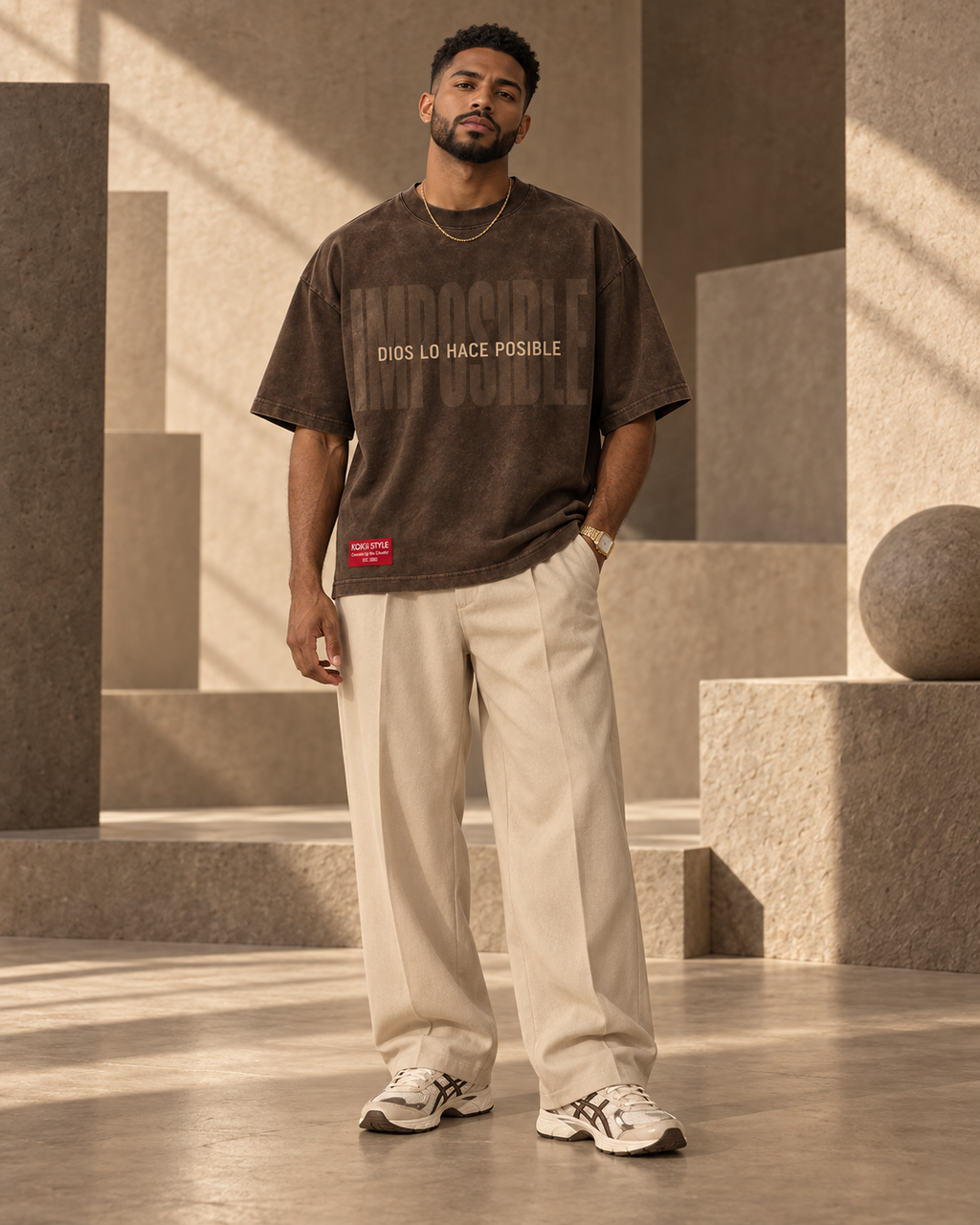 Man wearing the Kokii Style Lucas 1:37 Dios Lo Hace Posible oversized crop tee in washed brown with cream wide-leg pants – front view
