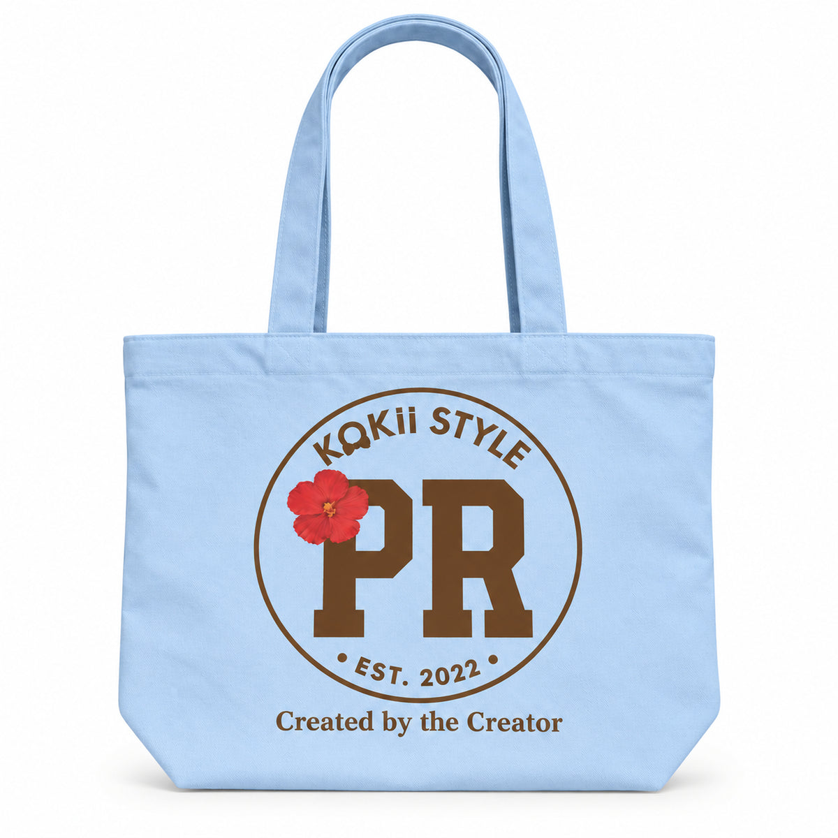 KOKii Style PR tote bag in Sky Blue with brown PR badge and red hibiscus