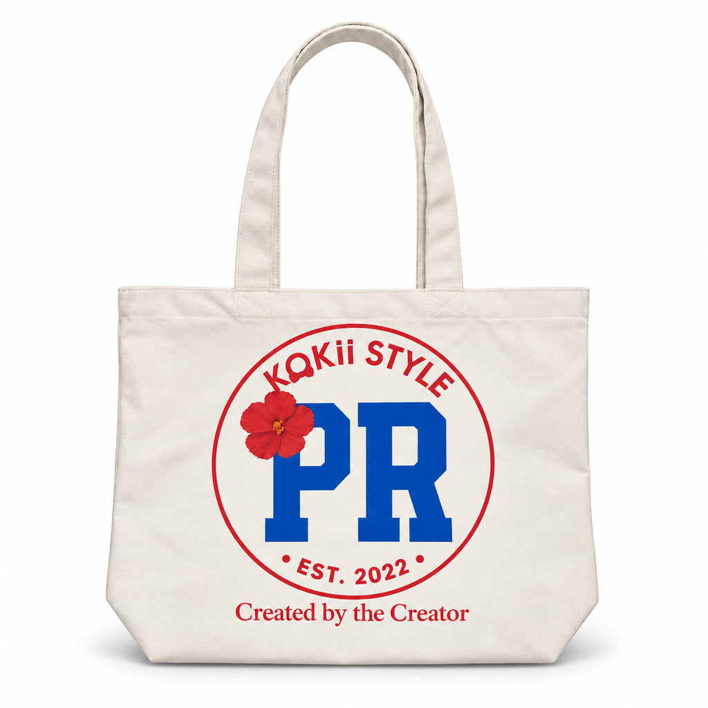 KOKii Style PR tote bag in Cream with blue PR badge, red ring and red hibiscus