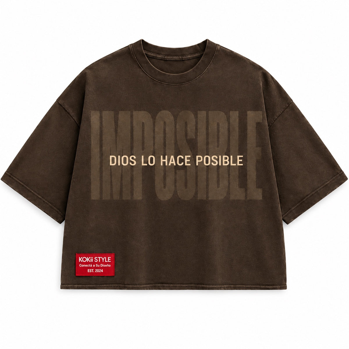 Lucas 1:37 Dios Lo Hace Posible men's oversized crop tee by Kokii Style – washed brown, front with IMPOSIBLE graphic and Dios lo hace posible text