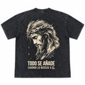 Mateo 6:33 black mineral wash Christian tee by Kokii Style – back graphic of Jesus with crown of thorns and Todo se añade cuando lo buscas a Él