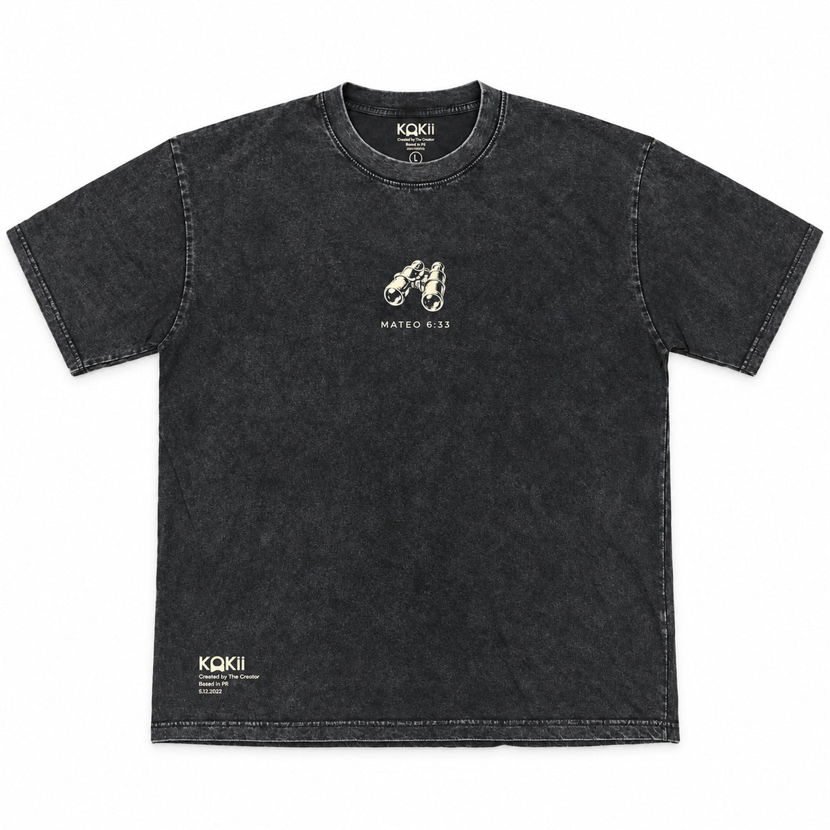 Mateo 6:33 black mineral wash faith tee by Kokii Style – front with small binoculars graphic and Mateo 6:33 chest print
