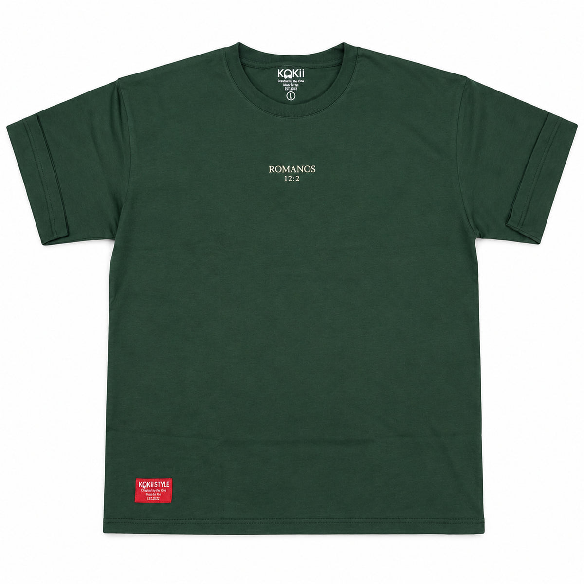 Romanos 12:2 No Te Conformes faith tee in forest green by Kokii Style – front with Romanos 12:2 chest print