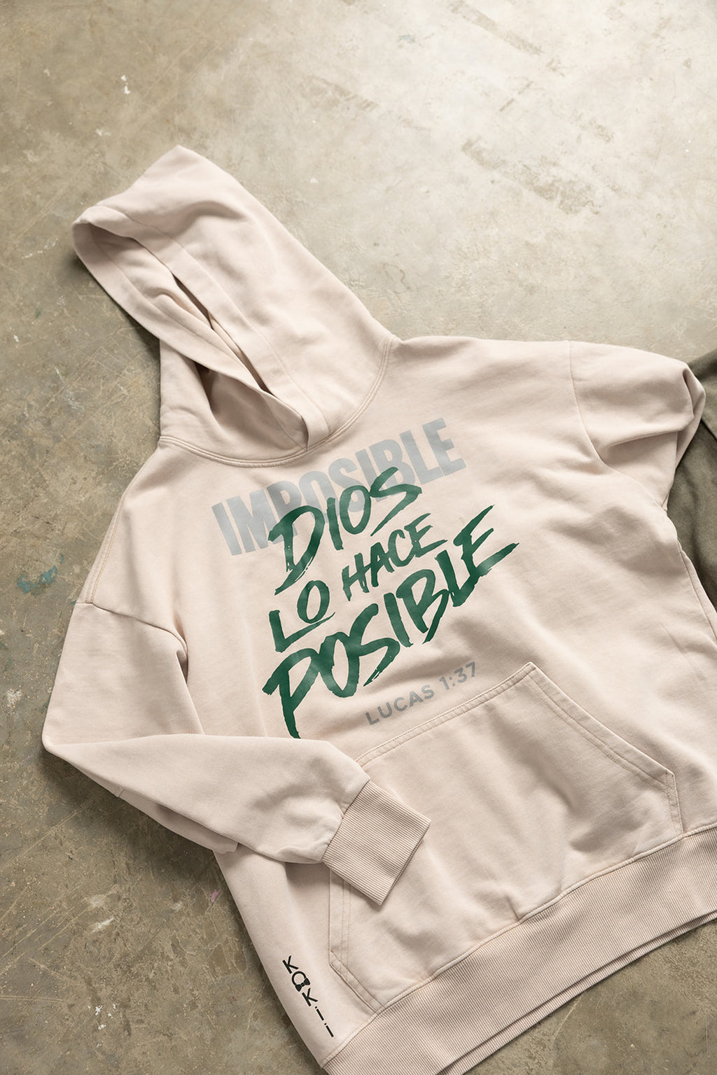 Washed sand Lucas 1:37 Dios Lo Hace Posible Christian hoodie flat lay by Kokii Style