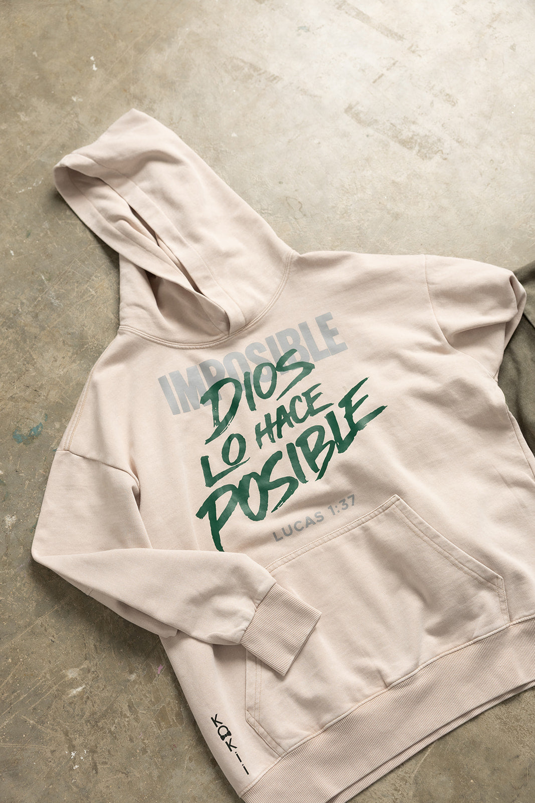 Washed sand Lucas 1:37 Dios Lo Hace Posible Christian hoodie flat lay by Kokii Style