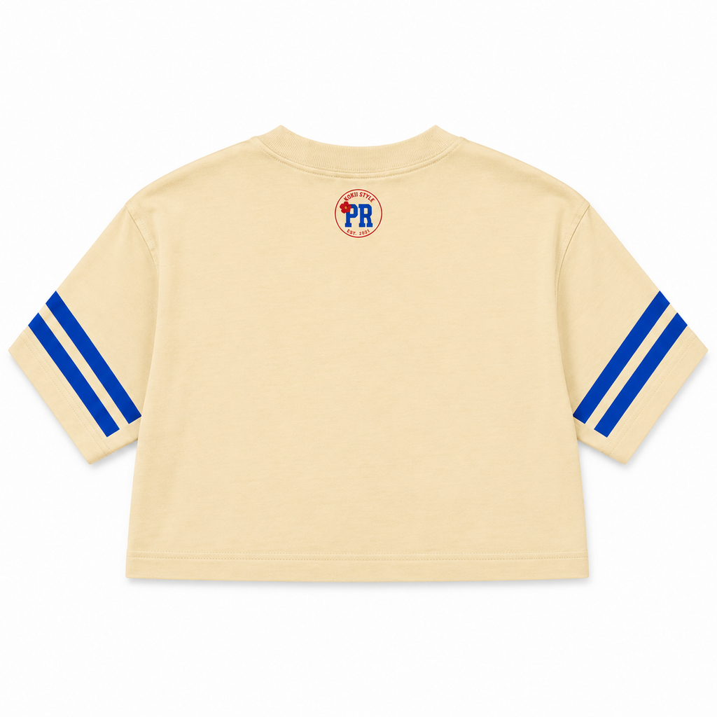 Flor de Maga PR Crop Top – Beige & Blue – women's Puerto Rico cropped tee by Kokii Style, alternate view