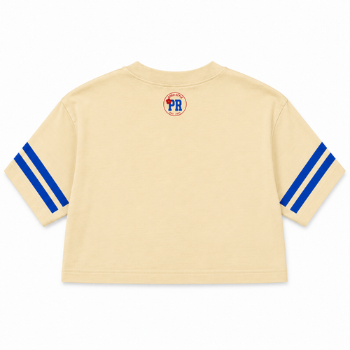 Flor de Maga PR Crop Top – Beige & Blue – women's Puerto Rico cropped tee by Kokii Style, alternate view