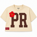 Flor de Maga PR Crop Top – Beige & Brown – women's Puerto Rico cropped tee by Kokii Style, front view