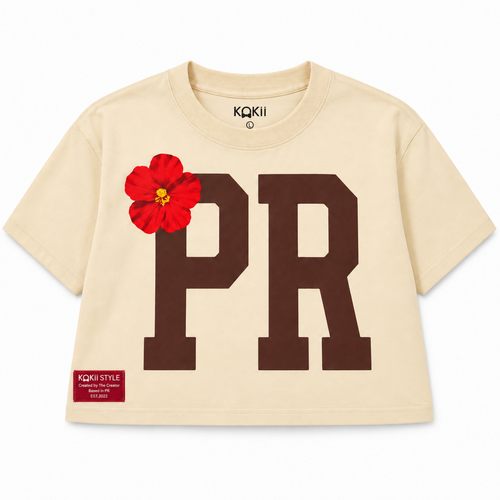 Flor de Maga PR Crop Top – Beige & Brown – women's Puerto Rico cropped tee by Kokii Style, front view