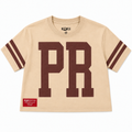 PR Varsity Stripe Crop Top – Beige & Brown – women's Puerto Rico cropped tee by Kokii Style, front view