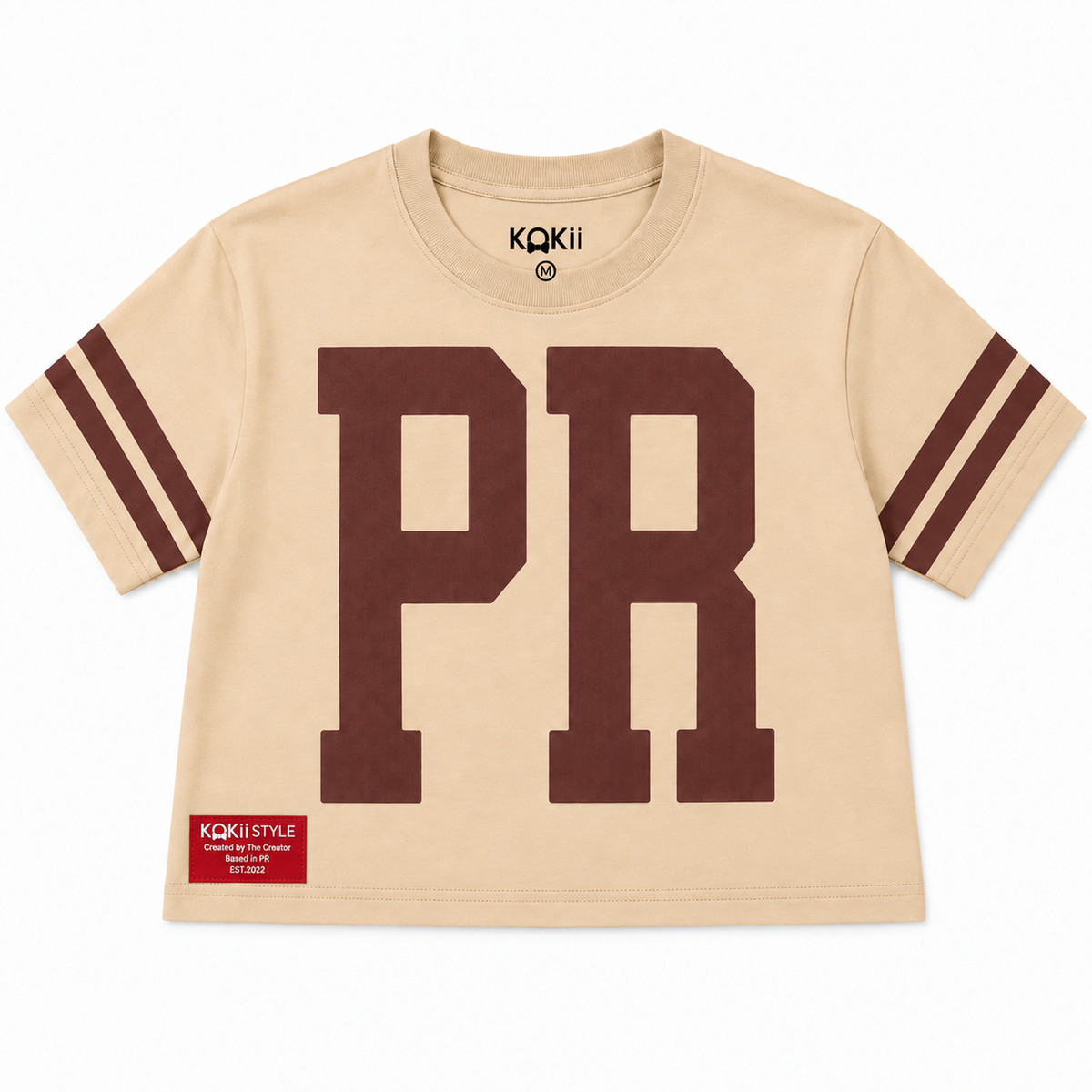 PR Varsity Stripe Crop Top – Beige & Brown – women's Puerto Rico cropped tee by Kokii Style, front view