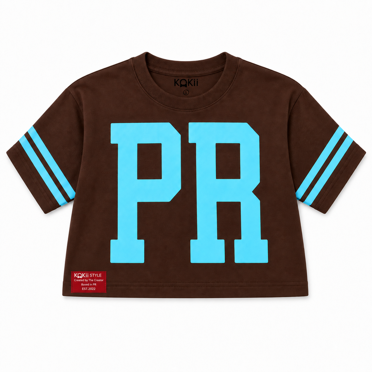 PR Varsity Stripe Crop Top – Brown & Light Blue – women's Puerto Rico cropped tee by Kokii Style, front view