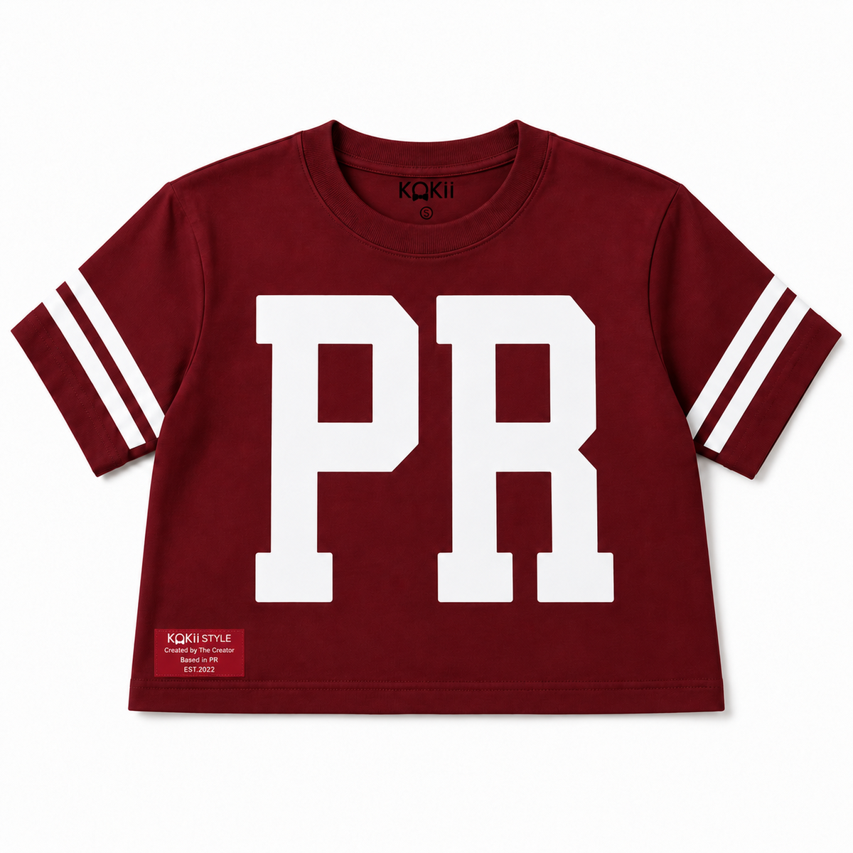 PR Varsity Stripe Crop Top – Burgundy & White – women's Puerto Rico cropped tee by Kokii Style, front view