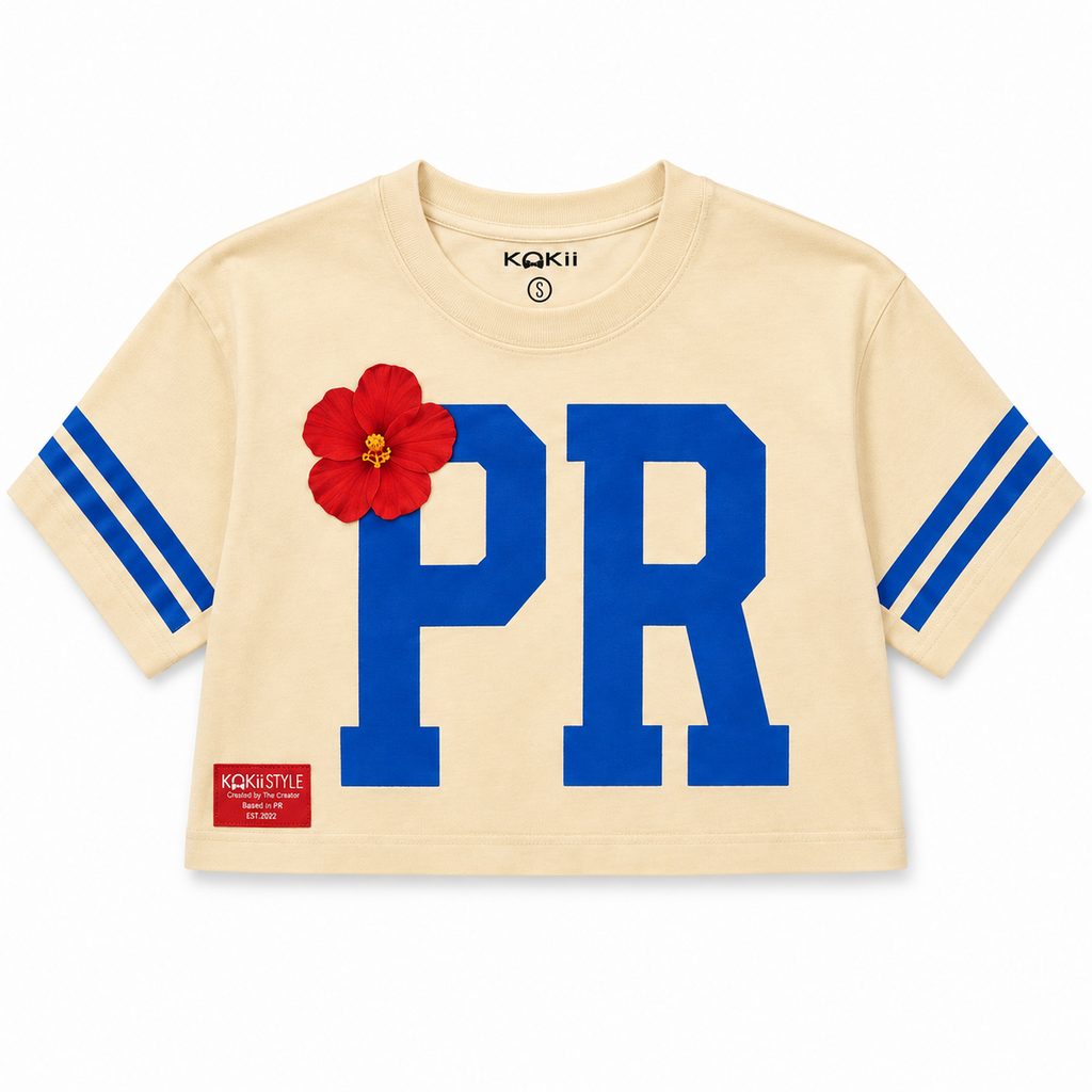 Flor de Maga PR Crop Top – Beige & Blue – women's Puerto Rico cropped tee by Kokii Style, front view