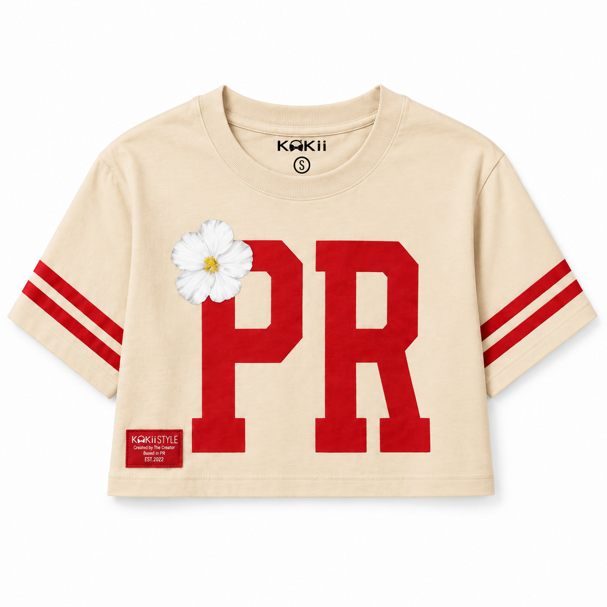 PR Varsity Stripe Flor de Maga Crop Top in beige by Kokii Style – front view with red PR varsity letters, white Flor de Maga flower and red striped sleeves