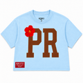 Flor de Maga PR Crop Top – Light Blue & Brown – women's Puerto Rico cropped tee by Kokii Style, front view