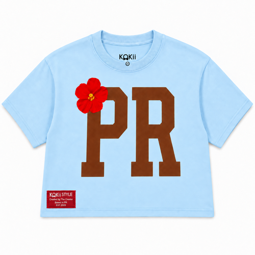 Flor de Maga PR Crop Top – Light Blue & Brown – women's Puerto Rico cropped tee by Kokii Style, front view
