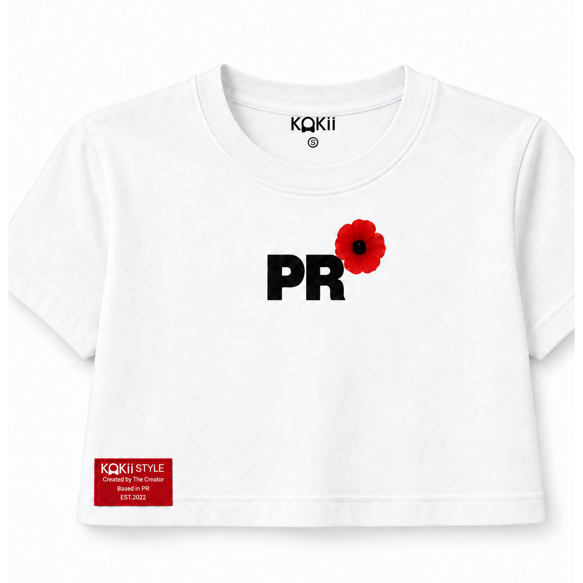PR Flor de Maga Crop Top in white by Kokii Style – front view with black PR letters, red Flor de Maga flower and red woven label